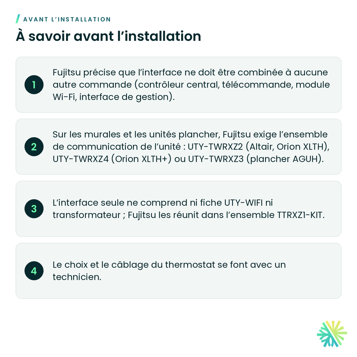 À savoir avant l’installation – Interface de thermostat 24 V Fujitsu – UTY-TTRXZ1