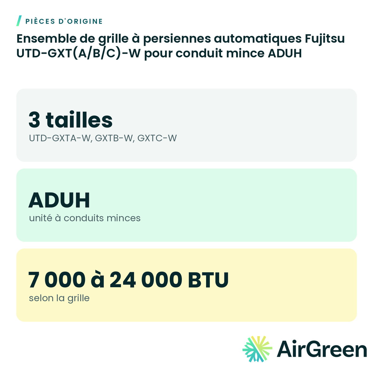Ensemble de grille à persiennes automatiques Fujitsu UTD-GXT(A/B/C)-W pour conduit mince ADUH