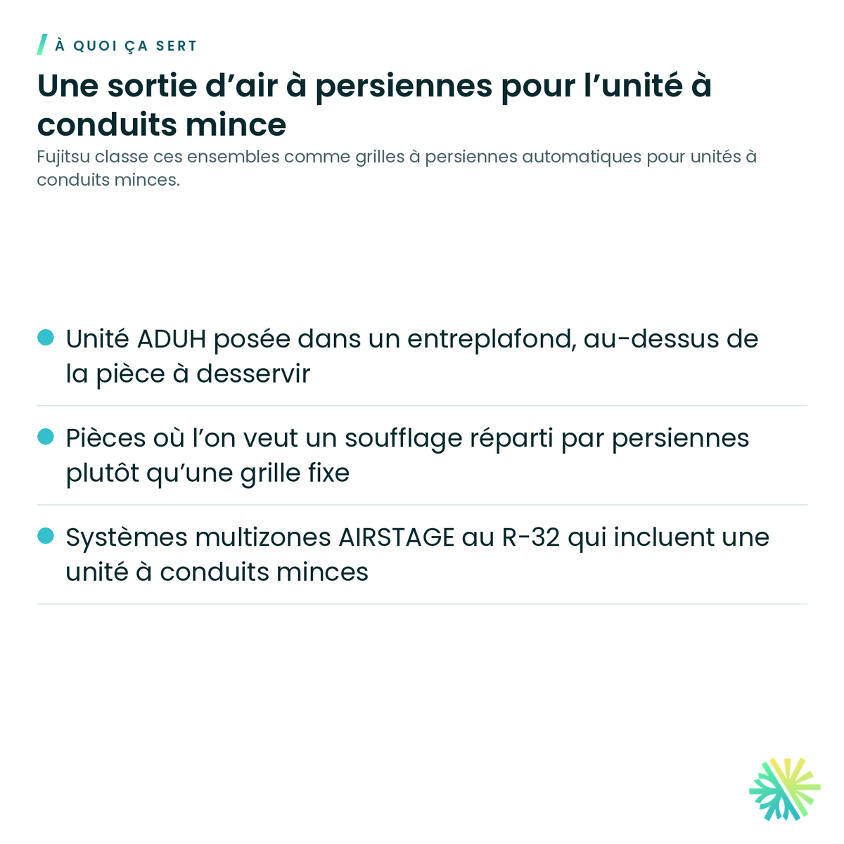 À quoi ça sert – Ensemble de grille à persiennes automatiques Fujitsu UTD-GXT(A/B/C)-W pour conduit mince ADUH