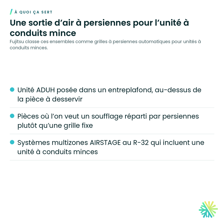 À quoi ça sert – Ensemble de grille à persiennes automatiques Fujitsu UTD-GXT(A/B/C)-W pour conduit mince ADUH