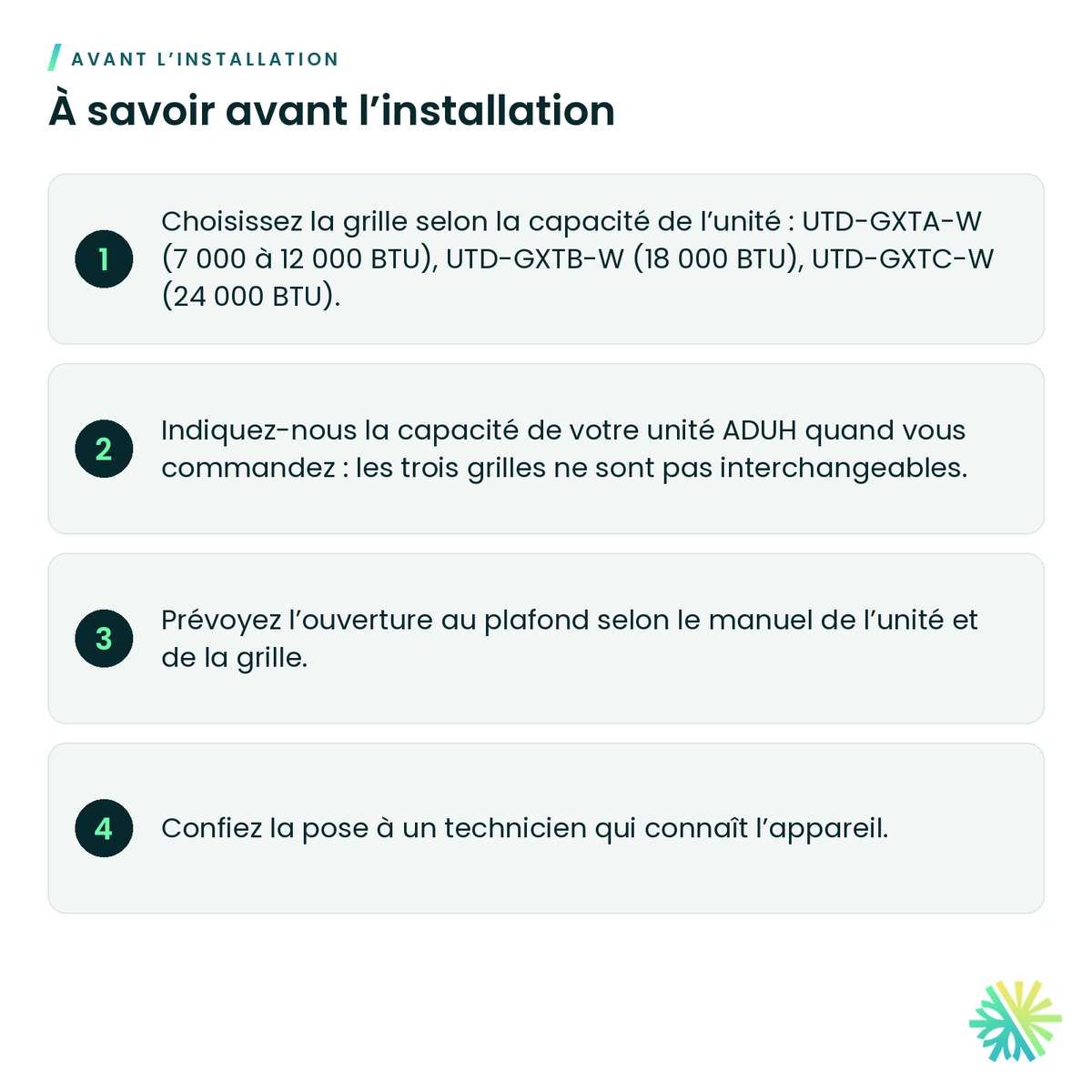 À savoir avant l’installation – Ensemble de grille à persiennes automatiques Fujitsu UTD-GXT(A/B/C)-W pour conduit mince ADUH