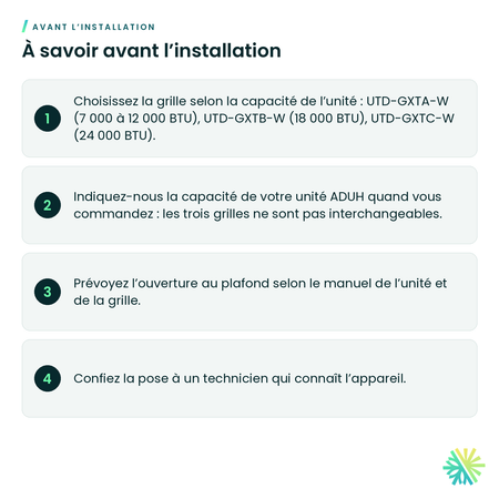 À savoir avant l’installation – Ensemble de grille à persiennes automatiques Fujitsu UTD-GXT(A/B/C)-W pour conduit mince ADUH
