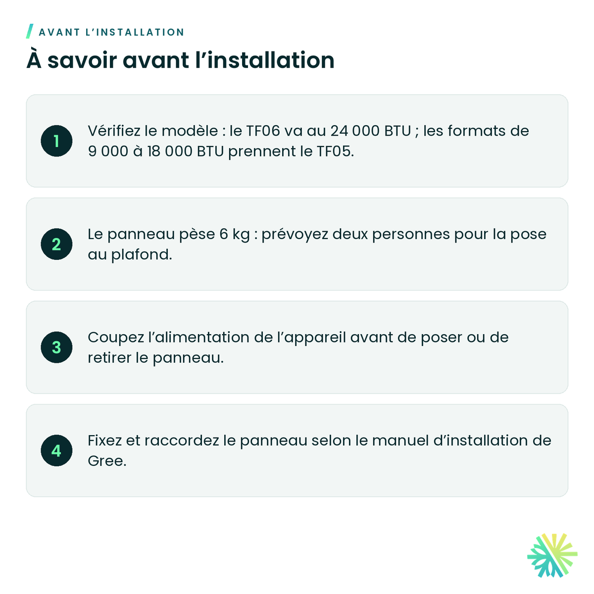 À savoir avant l’installation – Grille pour cassette 24 000 BTU Gree – TF06