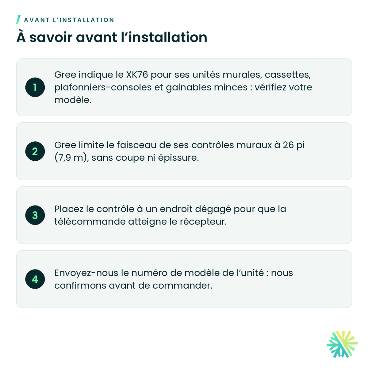 À savoir avant l’installation – Contrôle mural simple zone Gree – XK76
