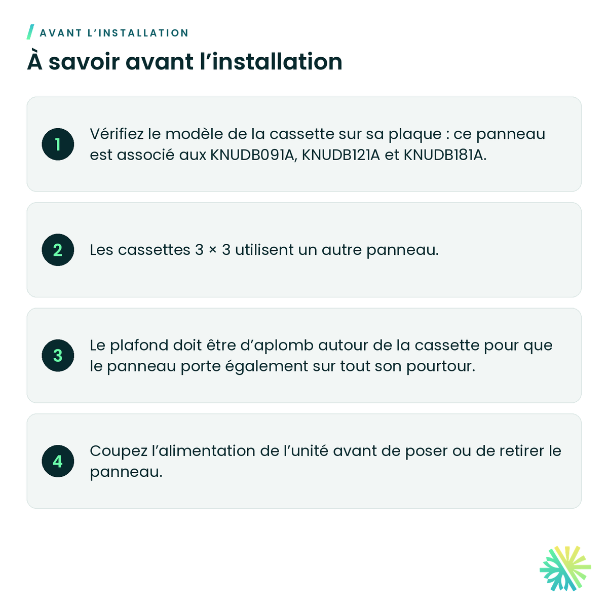 À savoir avant l’installation – Grille pour cassette 2x2 LG – PT-QAGW0