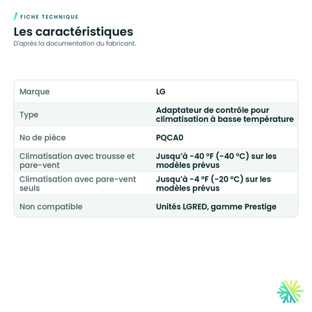 Fiche technique – Trousse de contrôle basse température LG – PQCA0