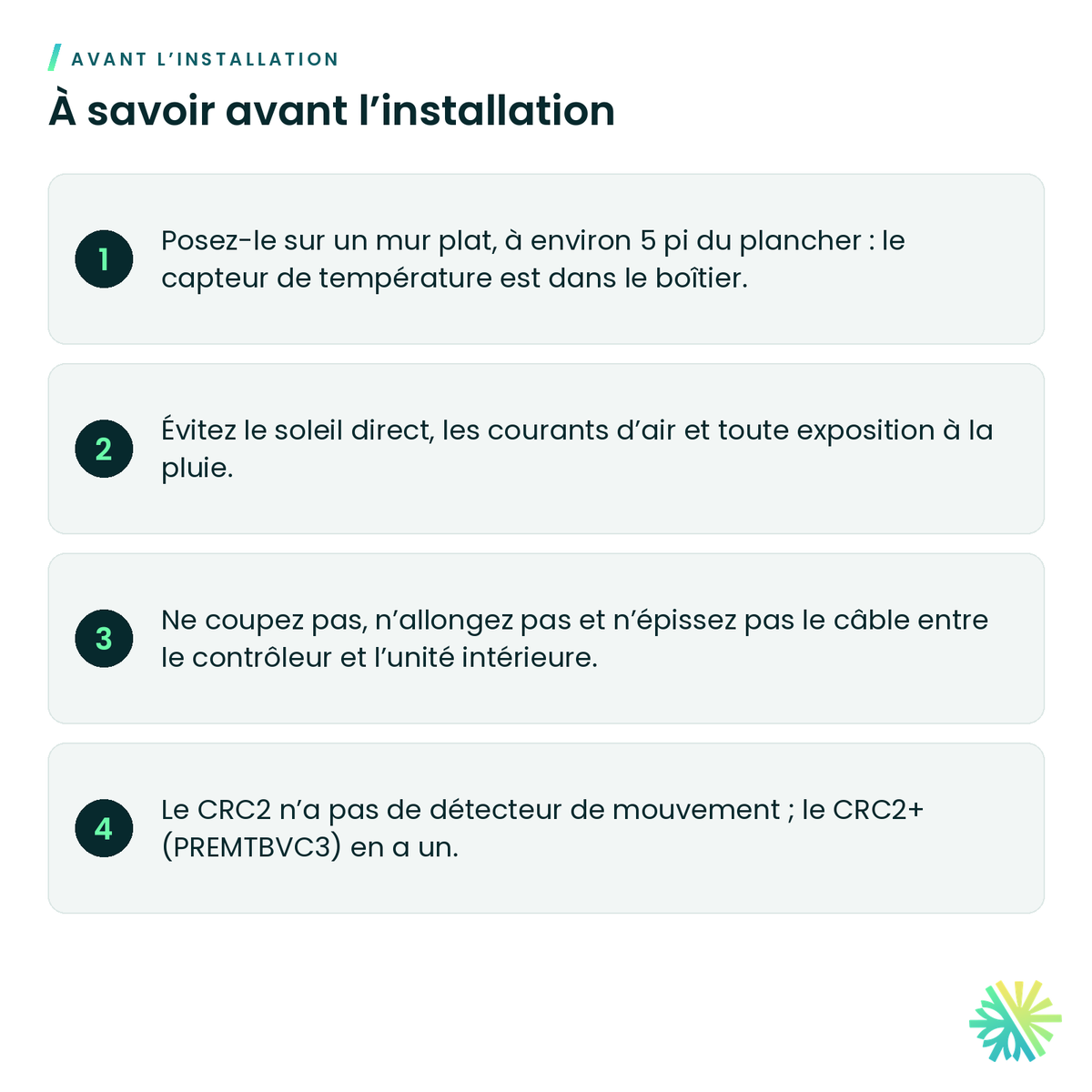 À savoir avant l’installation – Contrôleur mural MultiSITE CRC2 LG – PREMTBVC2