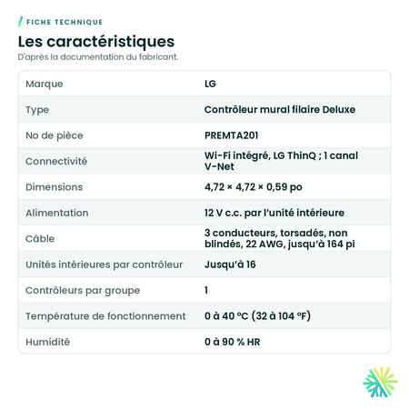 Fiche technique – Contrôleur mural Deluxe LG – PREMTA201
