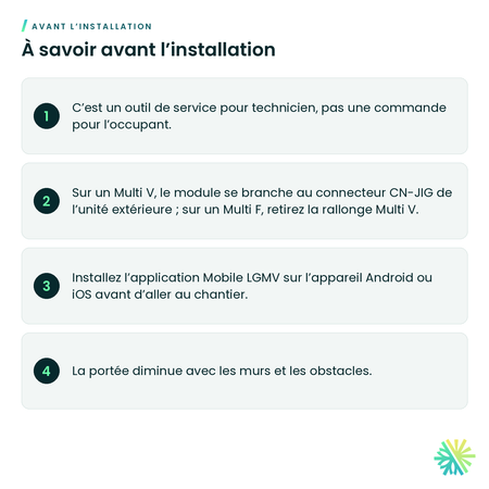 À savoir avant l’installation – Module de diagnostic LGMV mobile LG – PLGMVW100