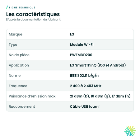 Fiche technique – Module Wi-Fi LG SmartThinQ PWFMDD200