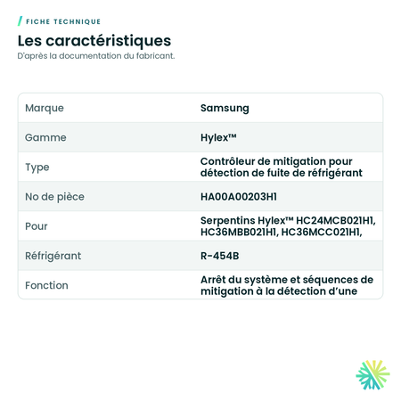 Fiche technique – Contrôleur de mitigation Samsung HA00A00203H1 pour serpentins Hylex