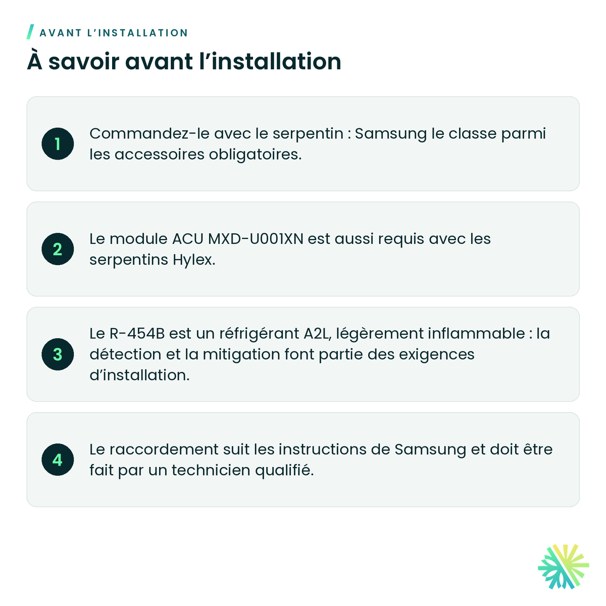 À savoir avant l’installation – Contrôleur de mitigation Samsung HA00A00203H1 pour serpentins Hylex
