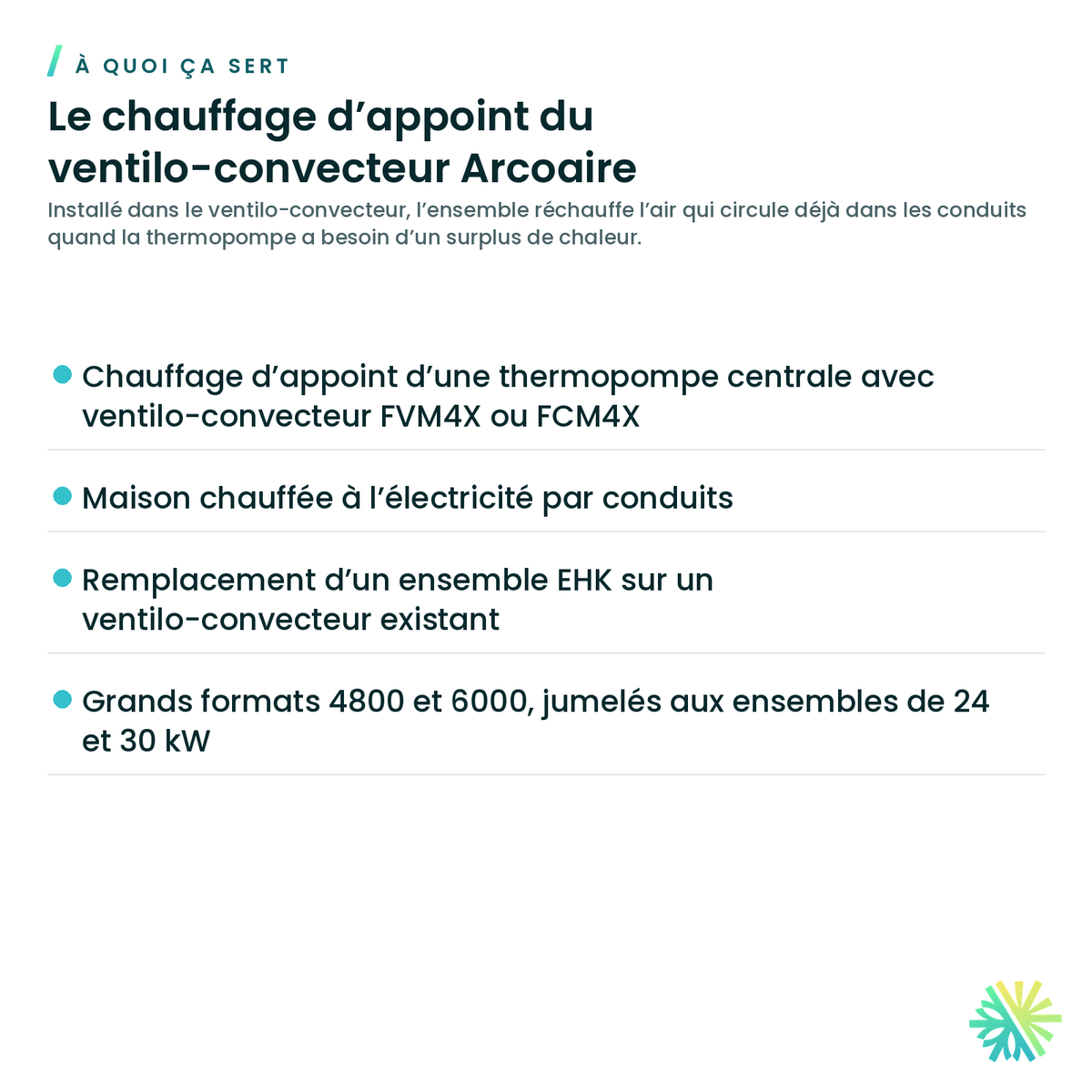 Ensemble de chauffage électrique Arcoaire pour ventilo-convecteur FVM4X et FCM4X — à quoi ça sert