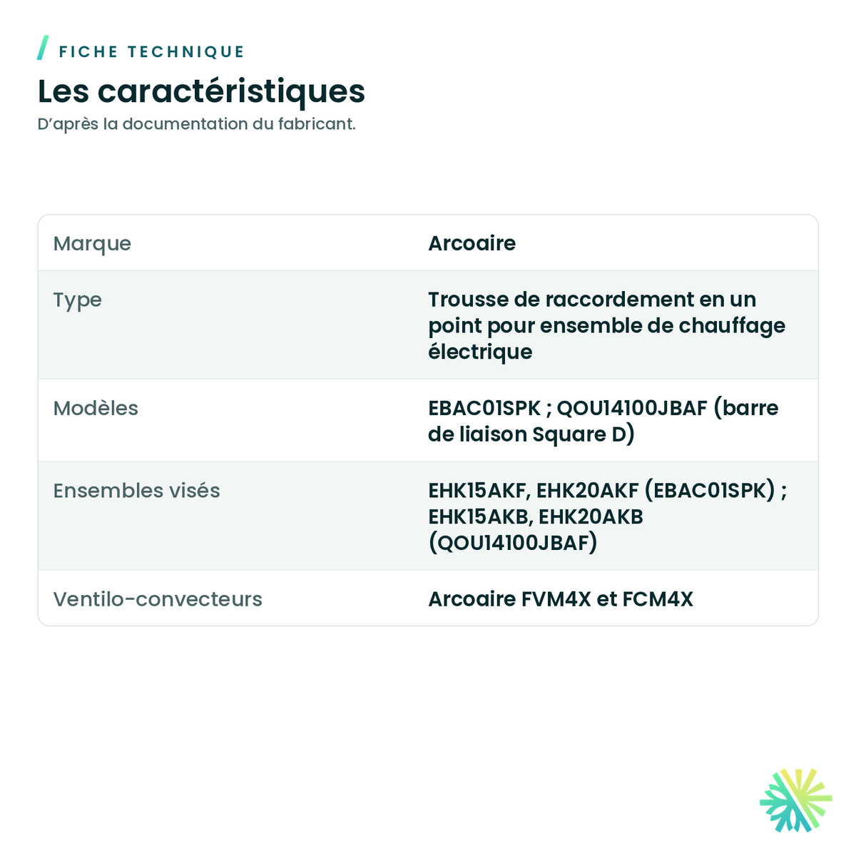 Trousse de raccordement en un point Arcoaire pour ensembles de chauffage EHK — fiche technique