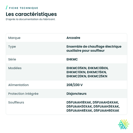 Ensemble de chauffage électrique Arcoaire EHKMC pour souffleur D5FUAA — fiche technique