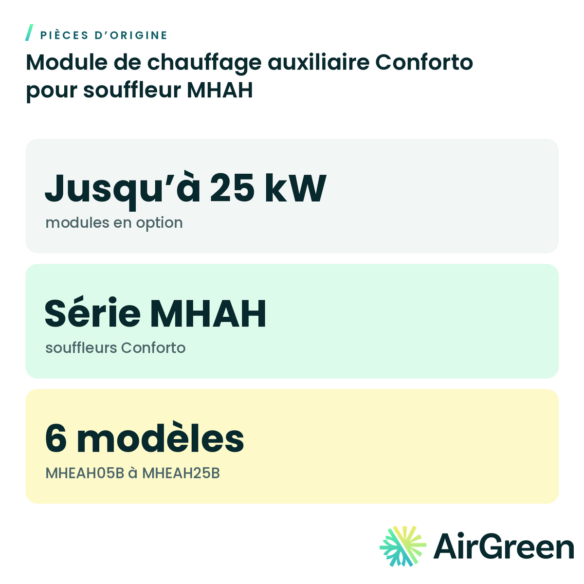 Module de chauffage auxiliaire Conforto pour souffleur MHAH, pièce d’origine — installation par AirGreen à Montréal, Laval, Longueuil, Rive-Sud et Rive-Nord