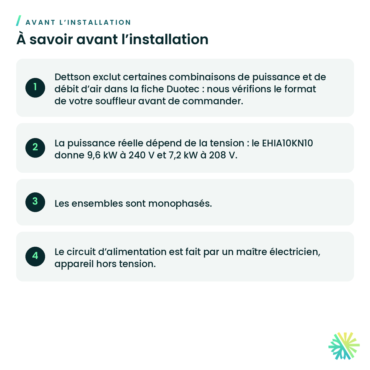 Ensemble de chauffage électrique Dettson EHIA pour souffleur Duotec — à savoir avant l’installation