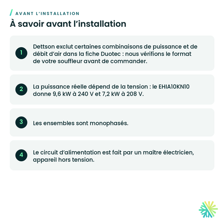 Ensemble de chauffage électrique Dettson EHIA pour souffleur Duotec — à savoir avant l’installation