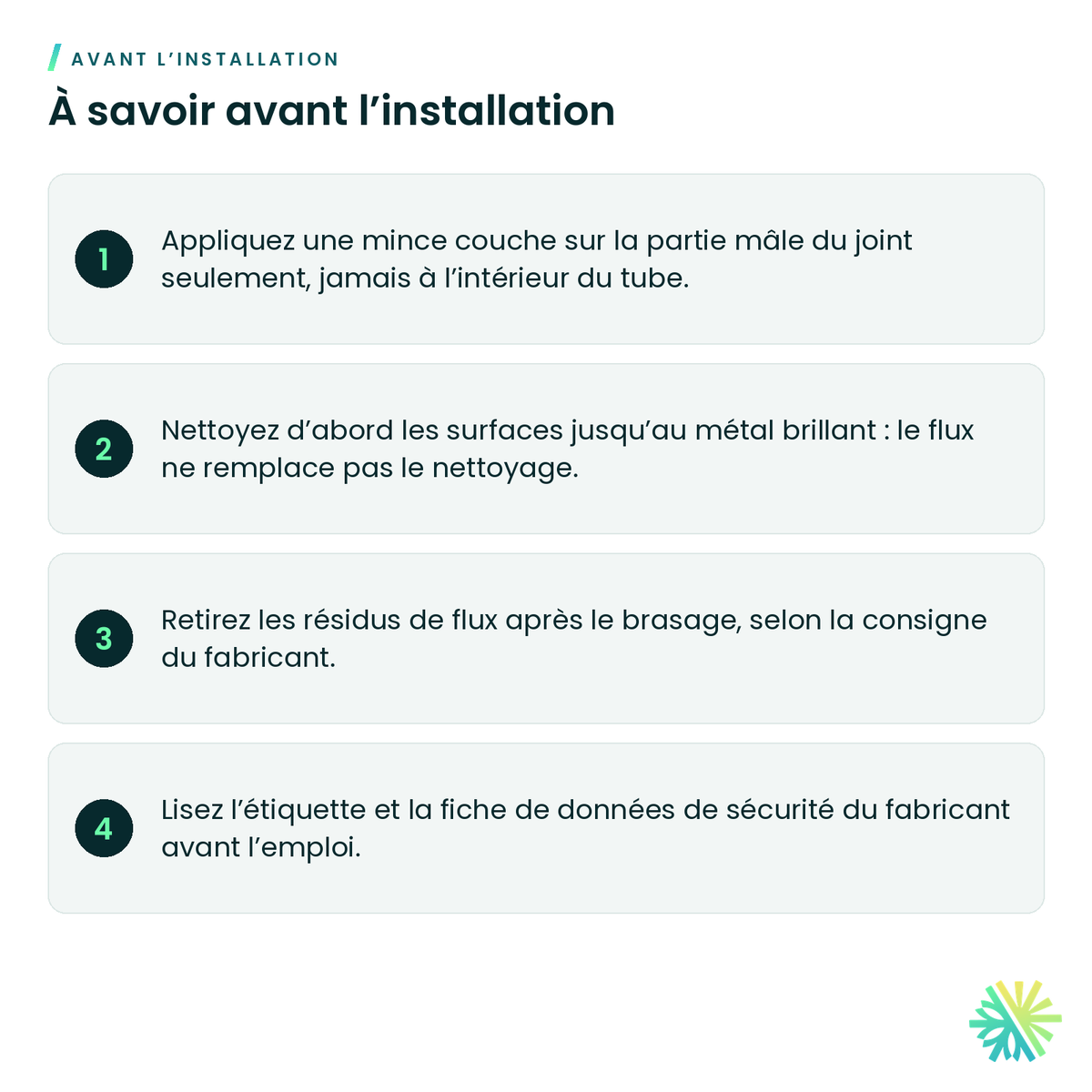 À savoir avant l’installation – Flux de brasage – 7 oz
