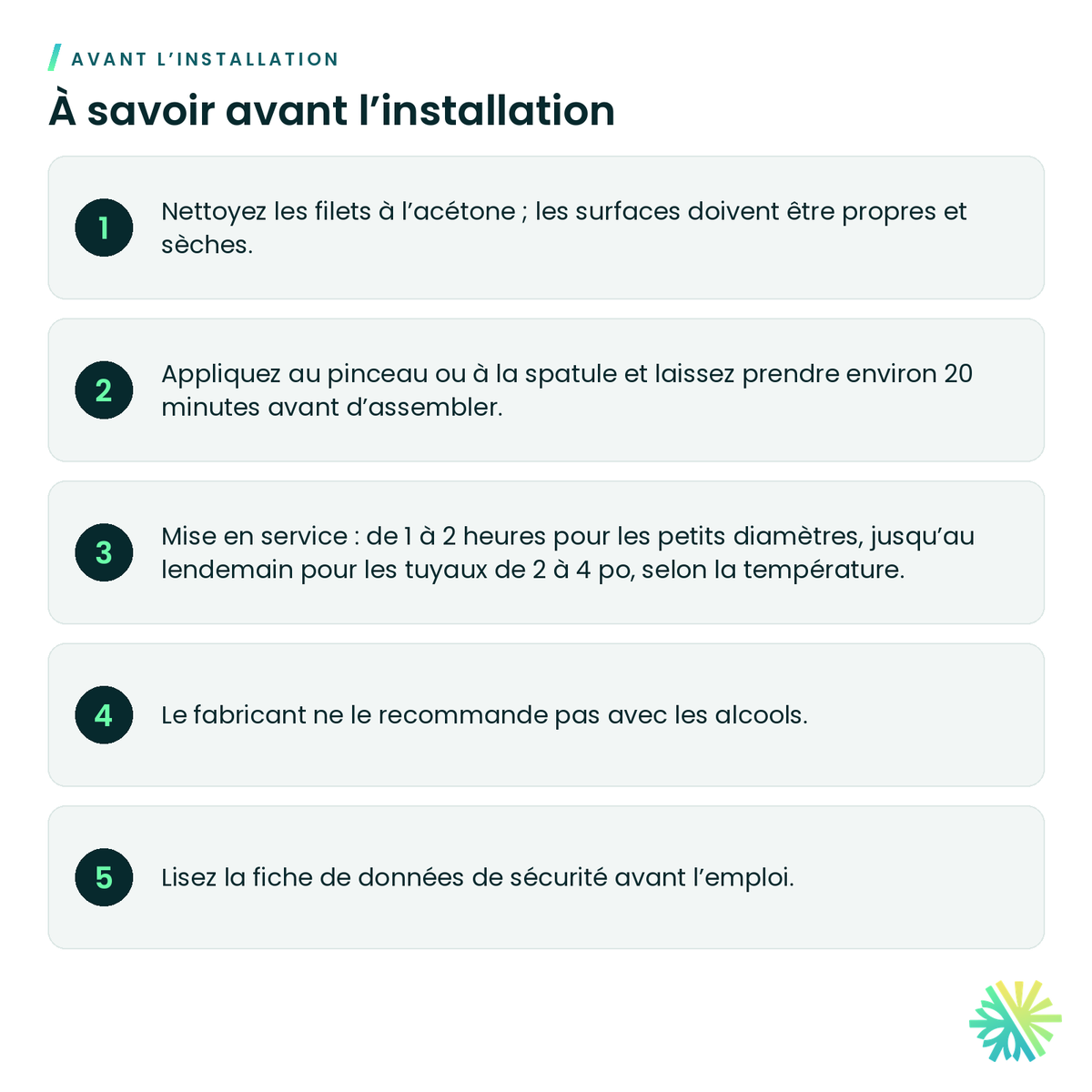 À savoir avant l’installation – Scellant pour joints filetés Leak Lock – bleu et Gold