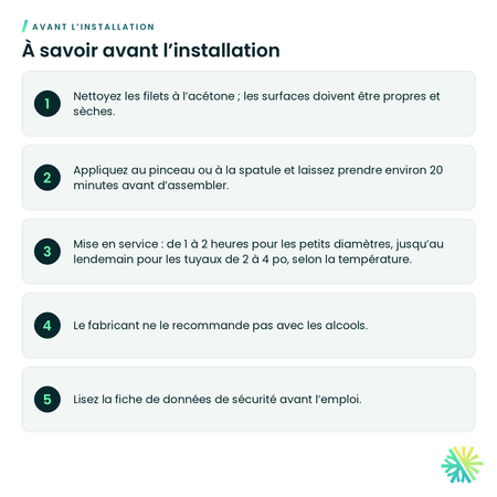 À savoir avant l’installation – Scellant pour joints filetés Leak Lock – bleu et Gold