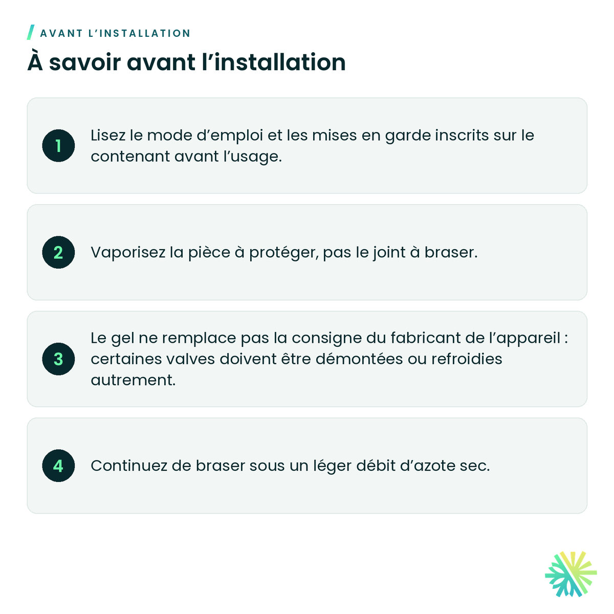À savoir avant l’installation – Gel protecteur de chaleur Cool Gel – aérosol 1 pinte