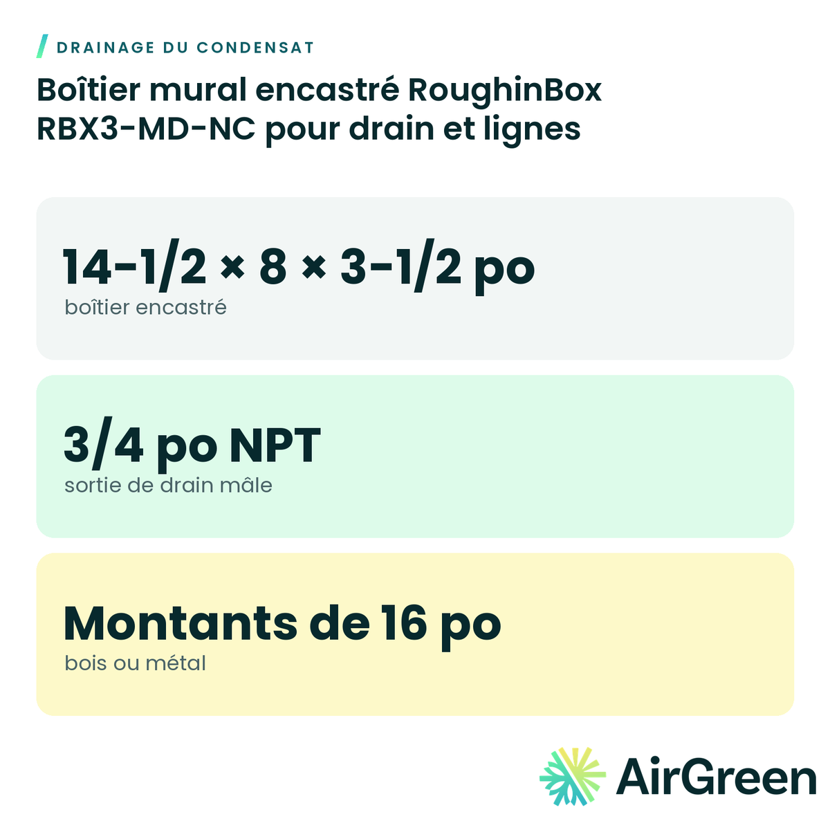 Boîtier mural encastré RoughinBox RBX3-MD-NC pour drain et lignes