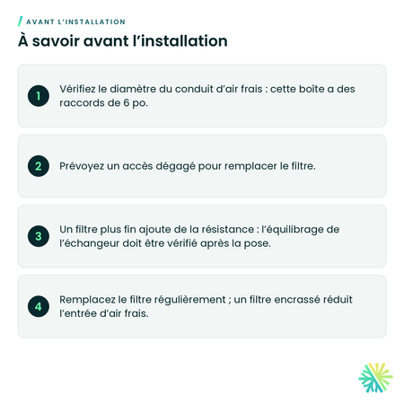 À savoir avant l’installation – Boîte de filtration MERV 13 – 6 po