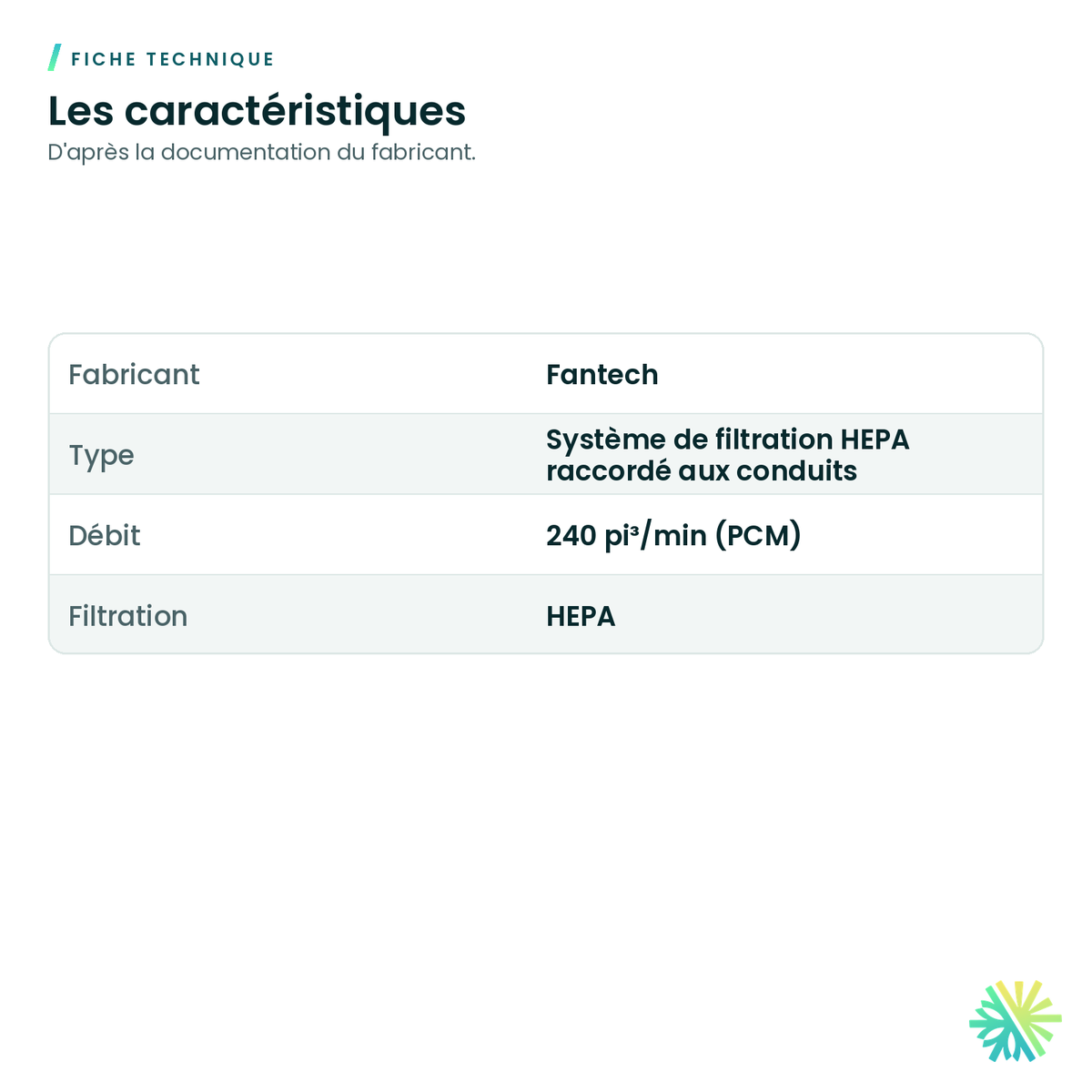 Fiche technique – Système de filtration HEPA 240 PCM