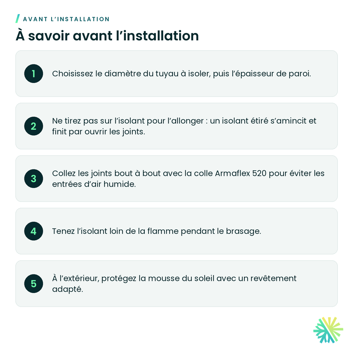 À savoir avant l’installation – Isolant élastomère Armaflex en tube – longueur de 6 pi
