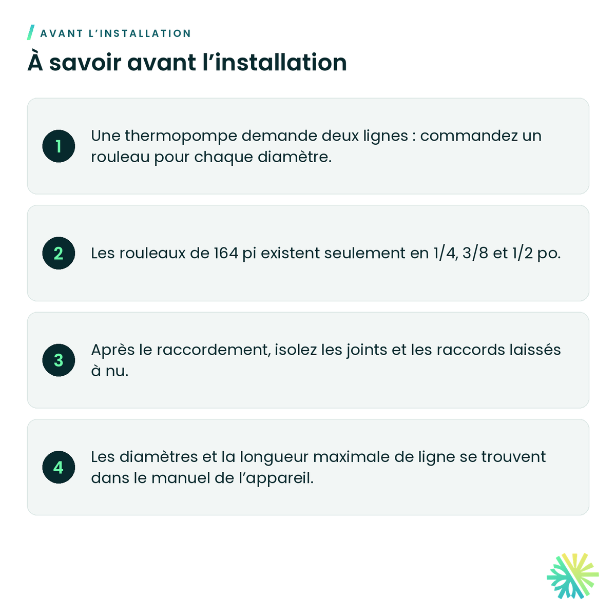 À savoir avant l’installation – Tube de cuivre pré-isolé (isolant de 1/2 po) – en rouleau