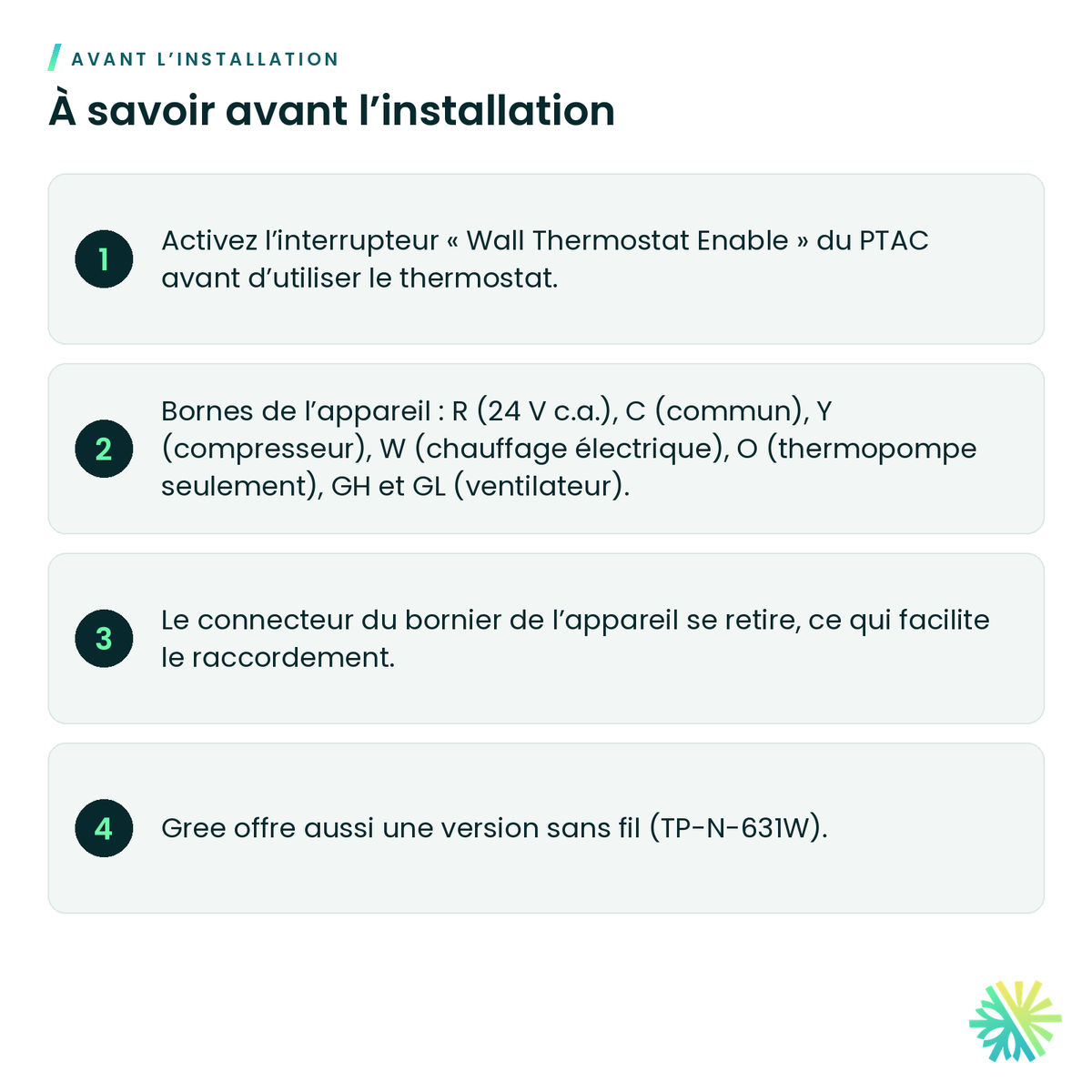 À savoir avant l’installation – Thermostat mural filaire Gree TP-N-631 pour PTAC