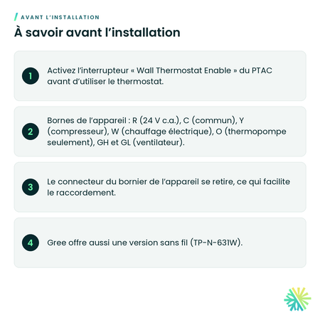 À savoir avant l’installation – Thermostat mural filaire Gree TP-N-631 pour PTAC