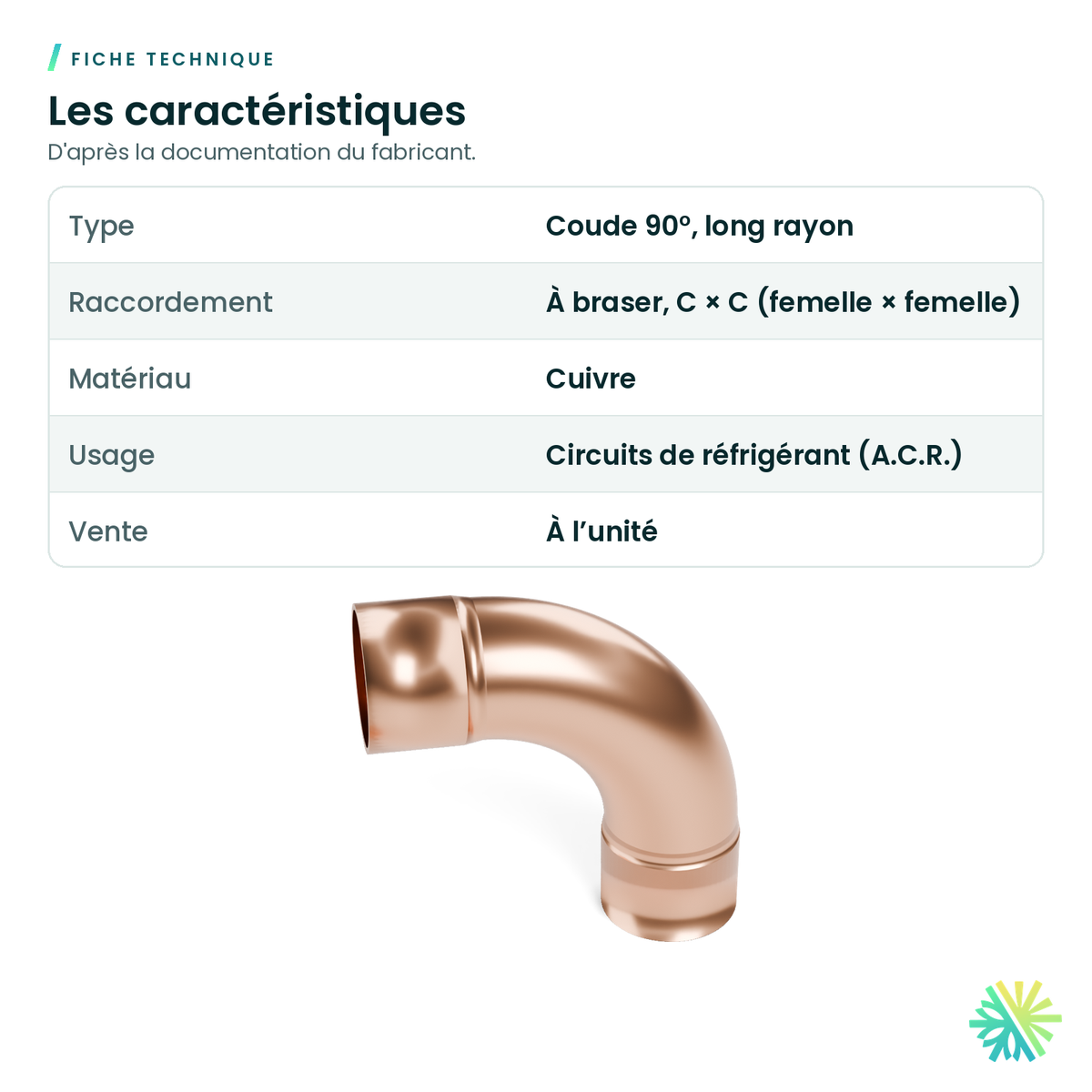 Fiche technique – Coude 90° en cuivre A.C.R. – long rayon (C × C)
