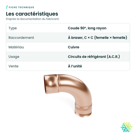Fiche technique – Coude 90° en cuivre A.C.R. – long rayon (C × C)