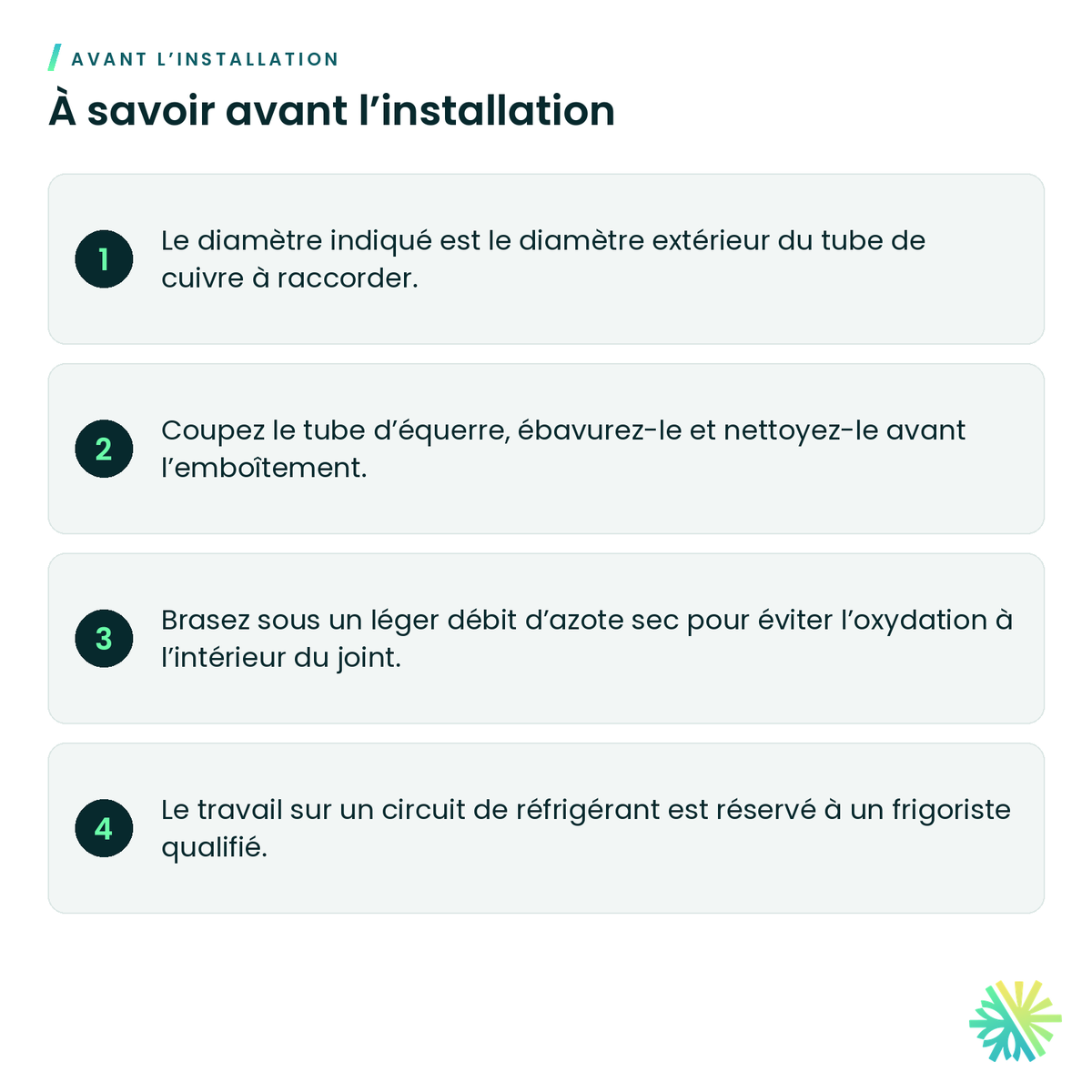 À savoir avant l’installation – Coude 90° en cuivre A.C.R. – long rayon (C × C)