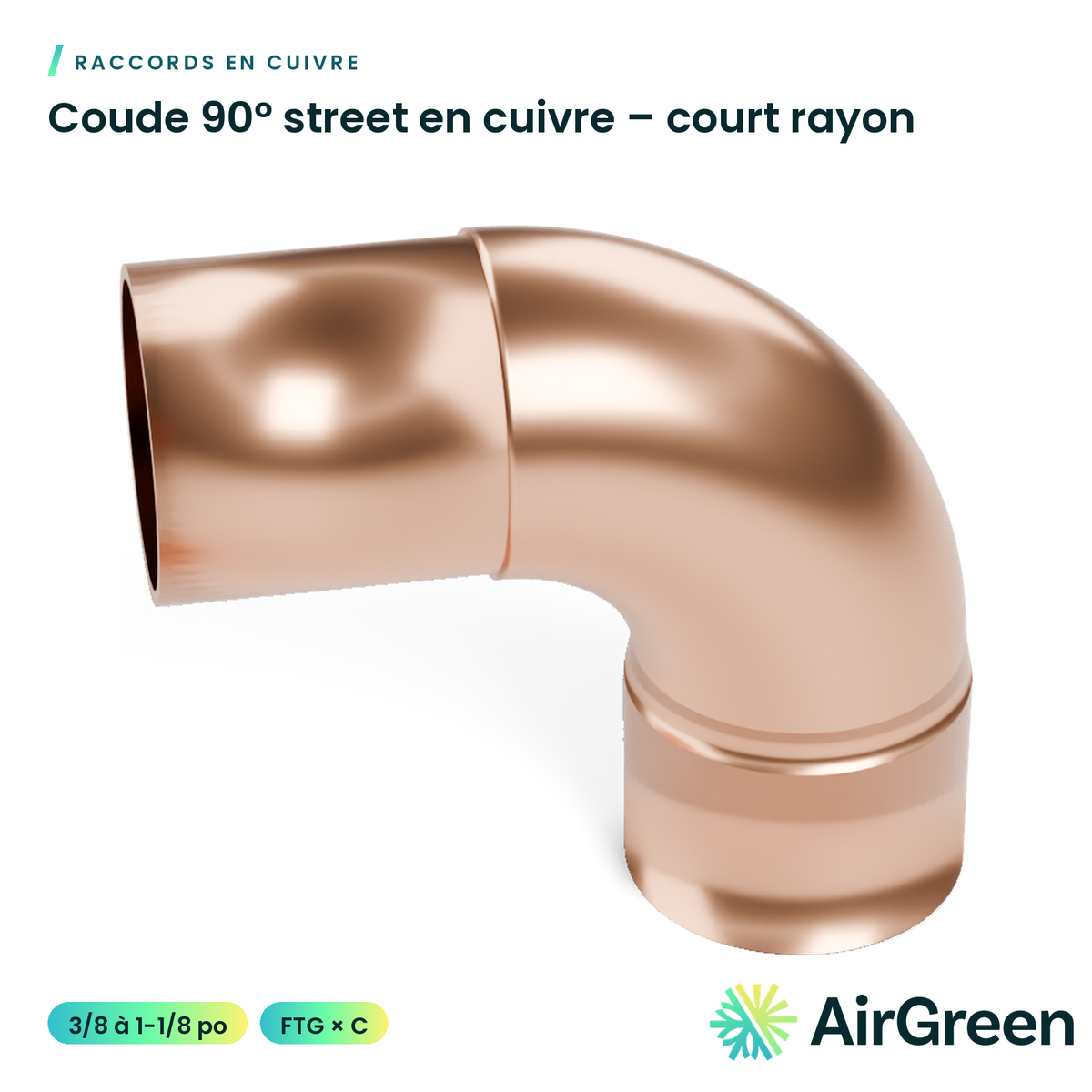 Coude 90° en cuivre A.C.R. – court rayon, mâle × femelle (street)