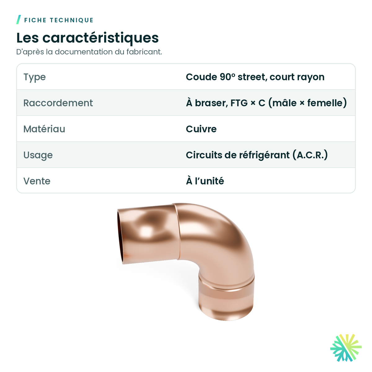 Fiche technique – Coude 90° en cuivre A.C.R. – court rayon, mâle × femelle (street)