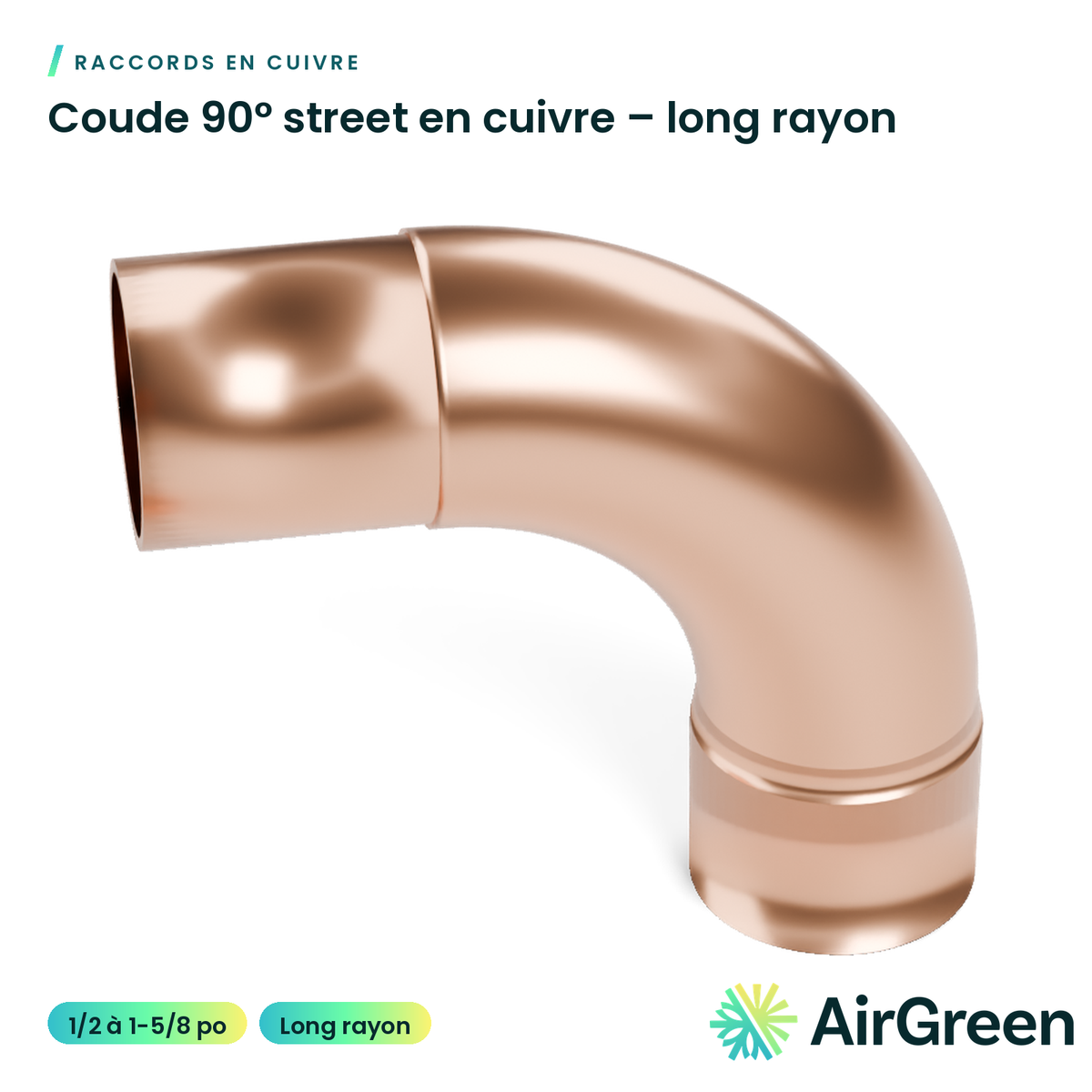 Coude 90° en cuivre A.C.R. – long rayon, mâle × femelle (street)