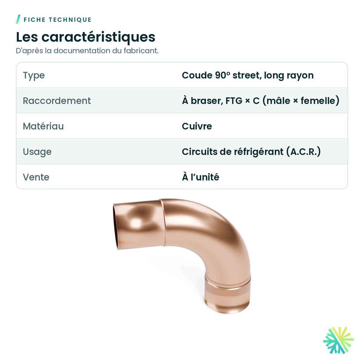 Fiche technique – Coude 90° en cuivre A.C.R. – long rayon, mâle × femelle (street)