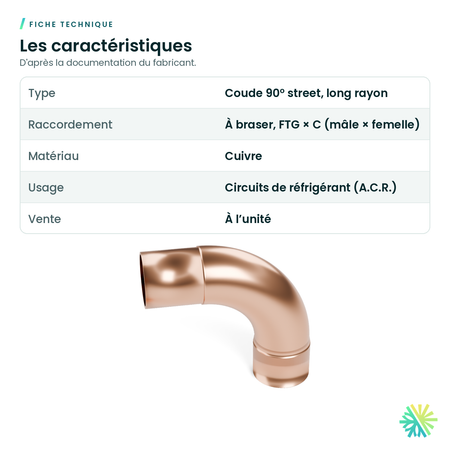 Fiche technique – Coude 90° en cuivre A.C.R. – long rayon, mâle × femelle (street)