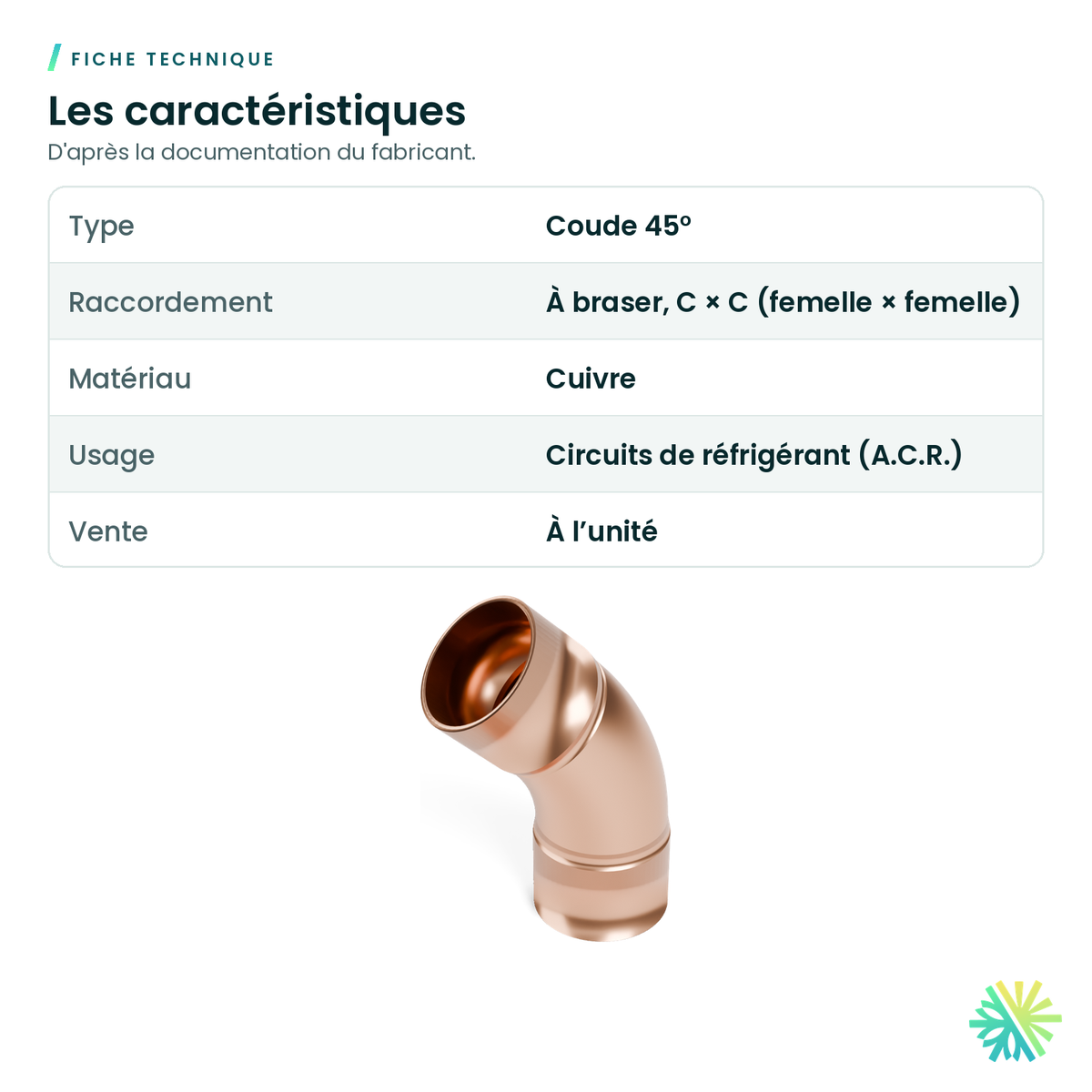 Fiche technique – Coude 45° en cuivre A.C.R. (C × C)
