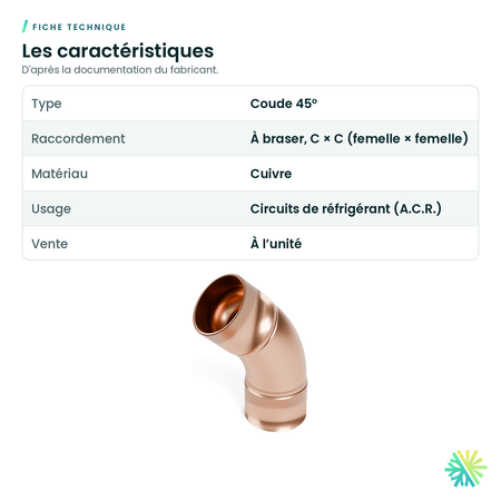 Fiche technique – Coude 45° en cuivre A.C.R. (C × C)