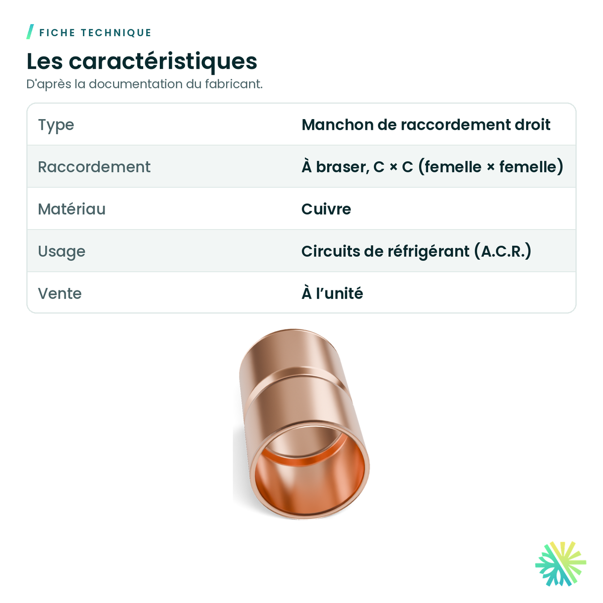 Fiche technique – Manchon de raccordement en cuivre A.C.R. (C × C)