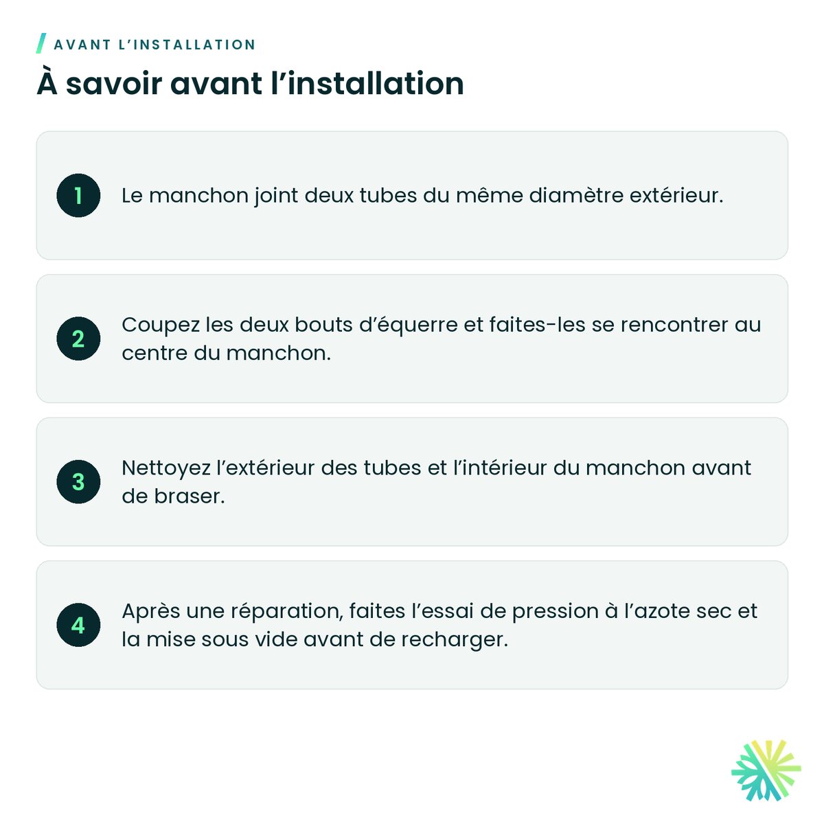 À savoir avant l’installation – Manchon de raccordement en cuivre A.C.R. (C × C)