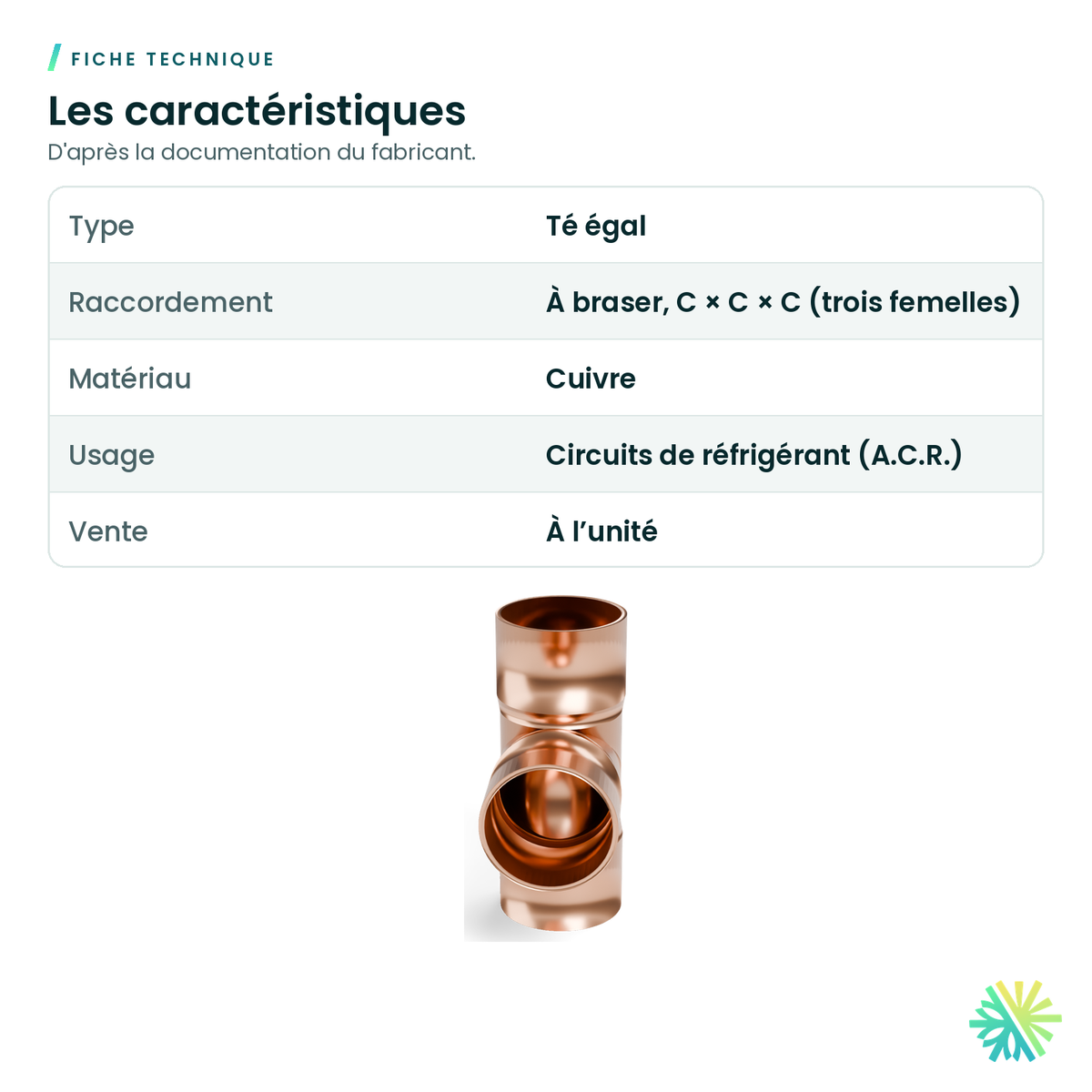 Fiche technique – Té en cuivre A.C.R. (C × C × C)