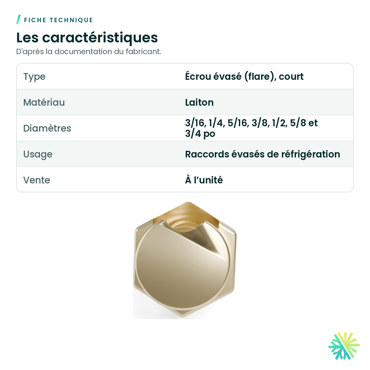 Fiche technique – Écrou évasé (flare) en laiton – court