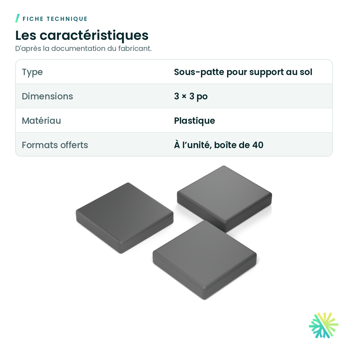 Fiche technique – Sous-pattes en plastique pour support au sol (3 × 3 po)
