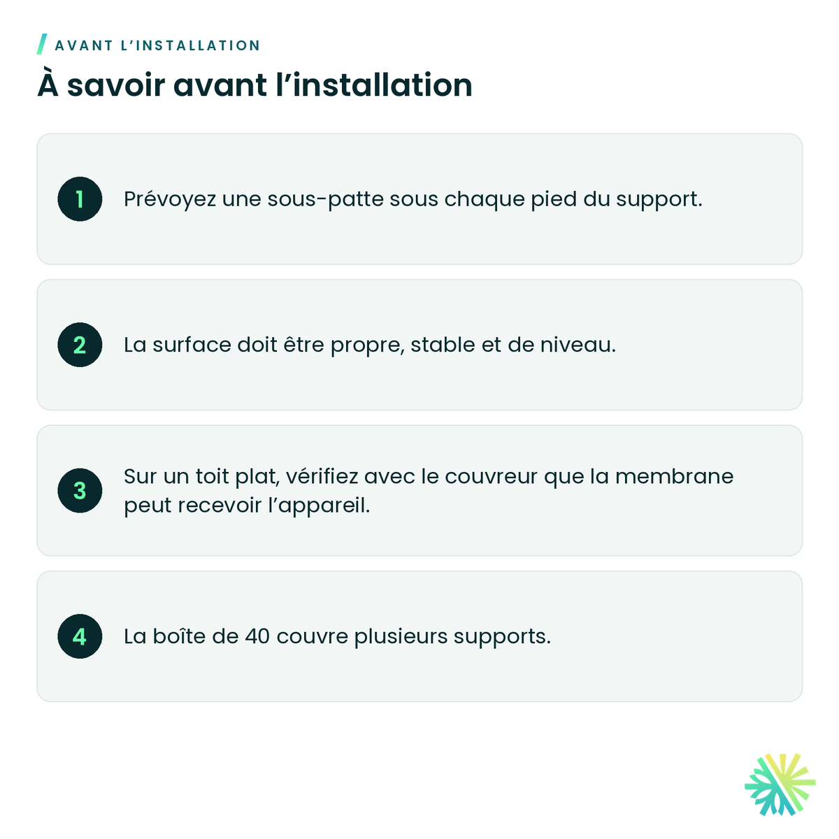 À savoir avant l’installation – Sous-pattes en plastique pour support au sol (3 × 3 po)