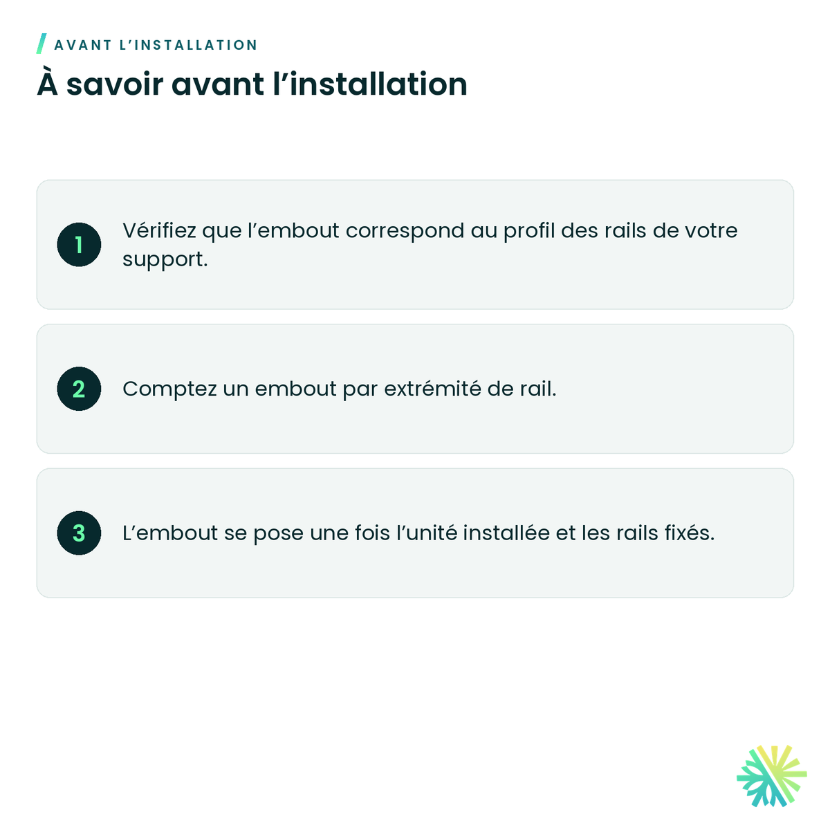 À savoir avant l’installation – Embouts en plastique pour support mural – boîte de 50